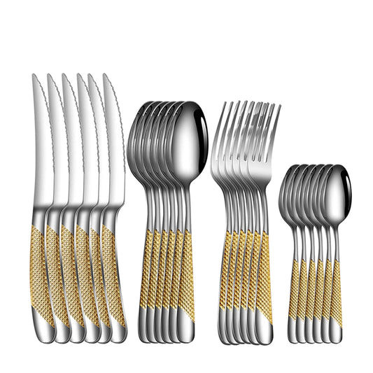24-Piece Stainless Steel Cutlery Set with Coloured Accent Handles – Modern Knife, Fork & Spoon Flatware for Dining
