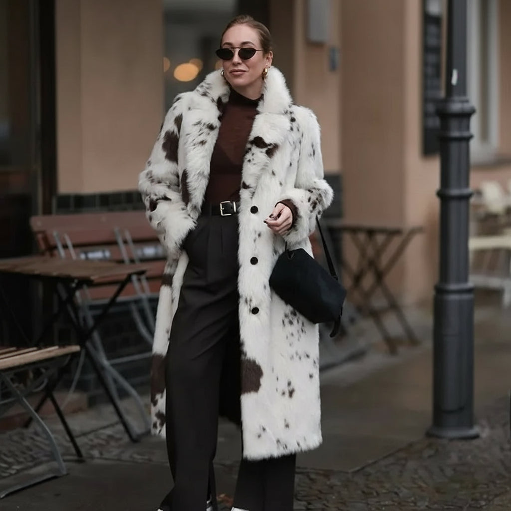 Carmisse Longline Faux Fur Coat – Women’s Luxury Oversized Cow Print Animal Faux Fur Jacket for Winter Outerwear & Statement City Style
