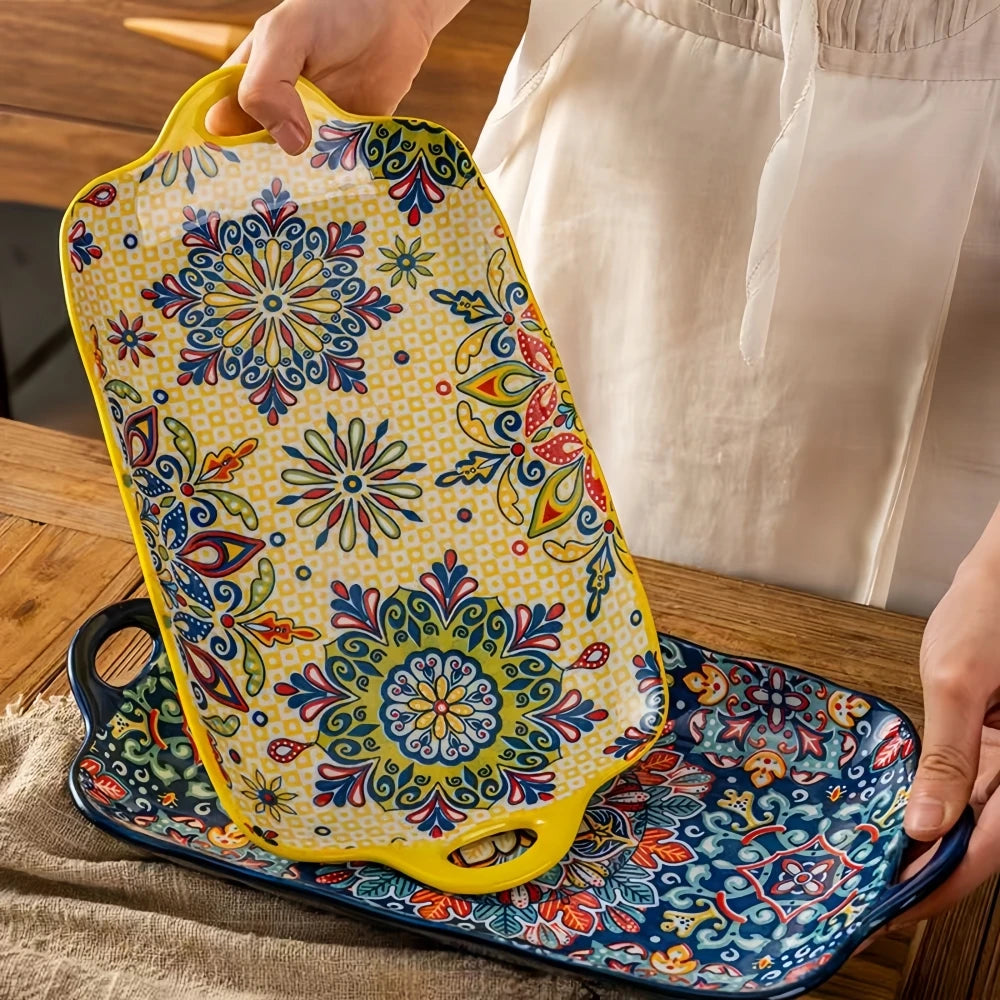 Calvero Ceramic Serving Tray – Rectangular Dish with Handles