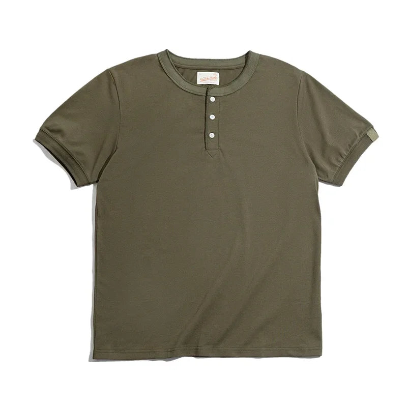 Henley Buttoned Short Sleeve T-Shirt – Premium Structured Fit Essential in Navy, Cream, Grey & Army Green