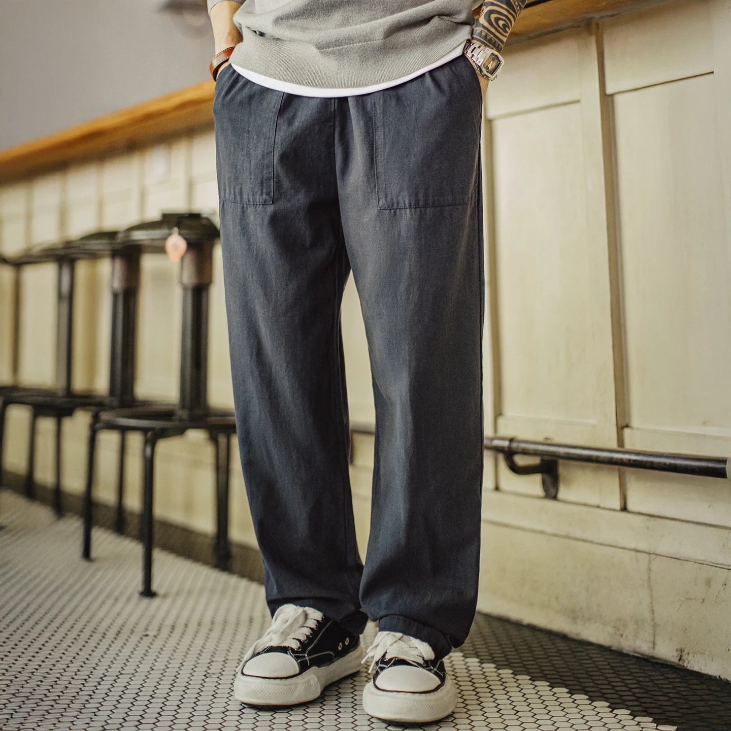 Dunley Elastic Waist Trousers – Straight-Leg Drawstring Trousers with Front Pockets