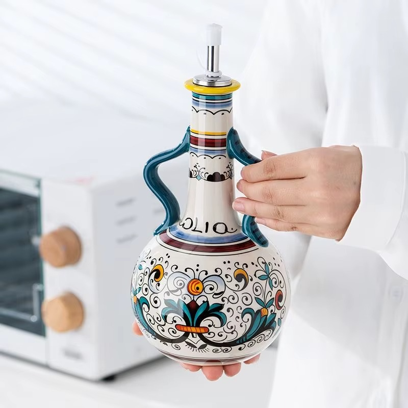 Sorrento Ceramic Olive Oil or Vinegar Bottle – Hand-Painted Mediterranean Lemon Cruet with Pourer