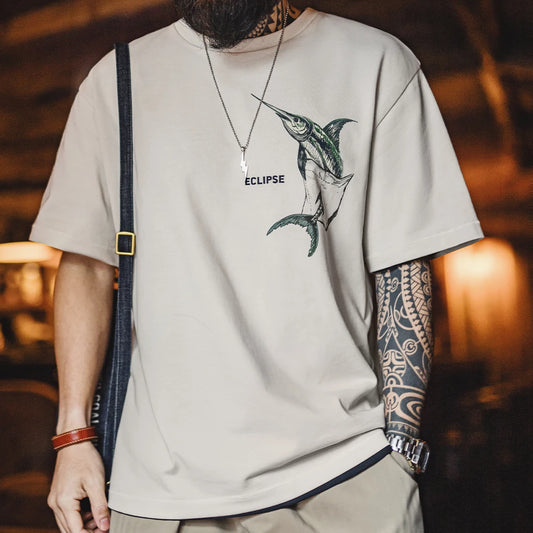 Marlin Men’s Graphic T-Shirt – Oversized Crew Neck Heavyweight 100% Cotton Tee with Fish Print