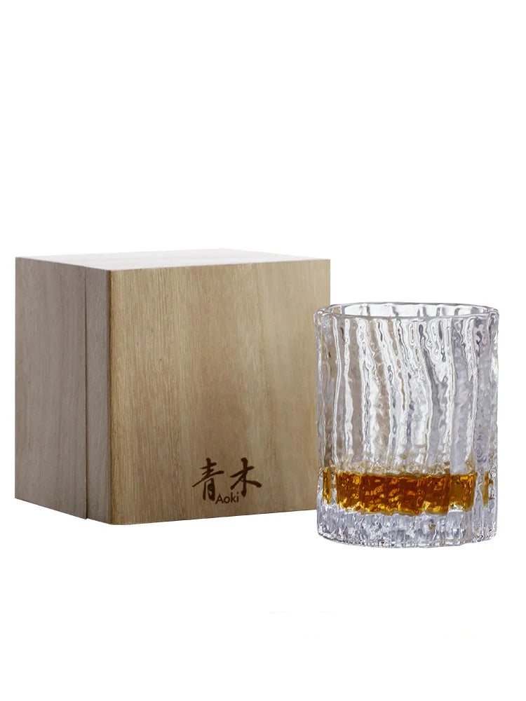 Kinoshin Bark Whisky Glass – Japanese Hammered Crystal Tumbler with Wooden Gift Box (275ml)