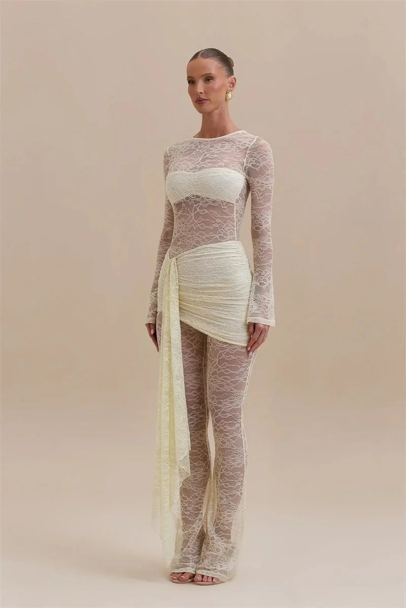 Vionara Lace Sheer Jumpsuit with Draped Wrap Detail – Long Sleeve Mesh Eveningwear for Party & Occasion Outfits