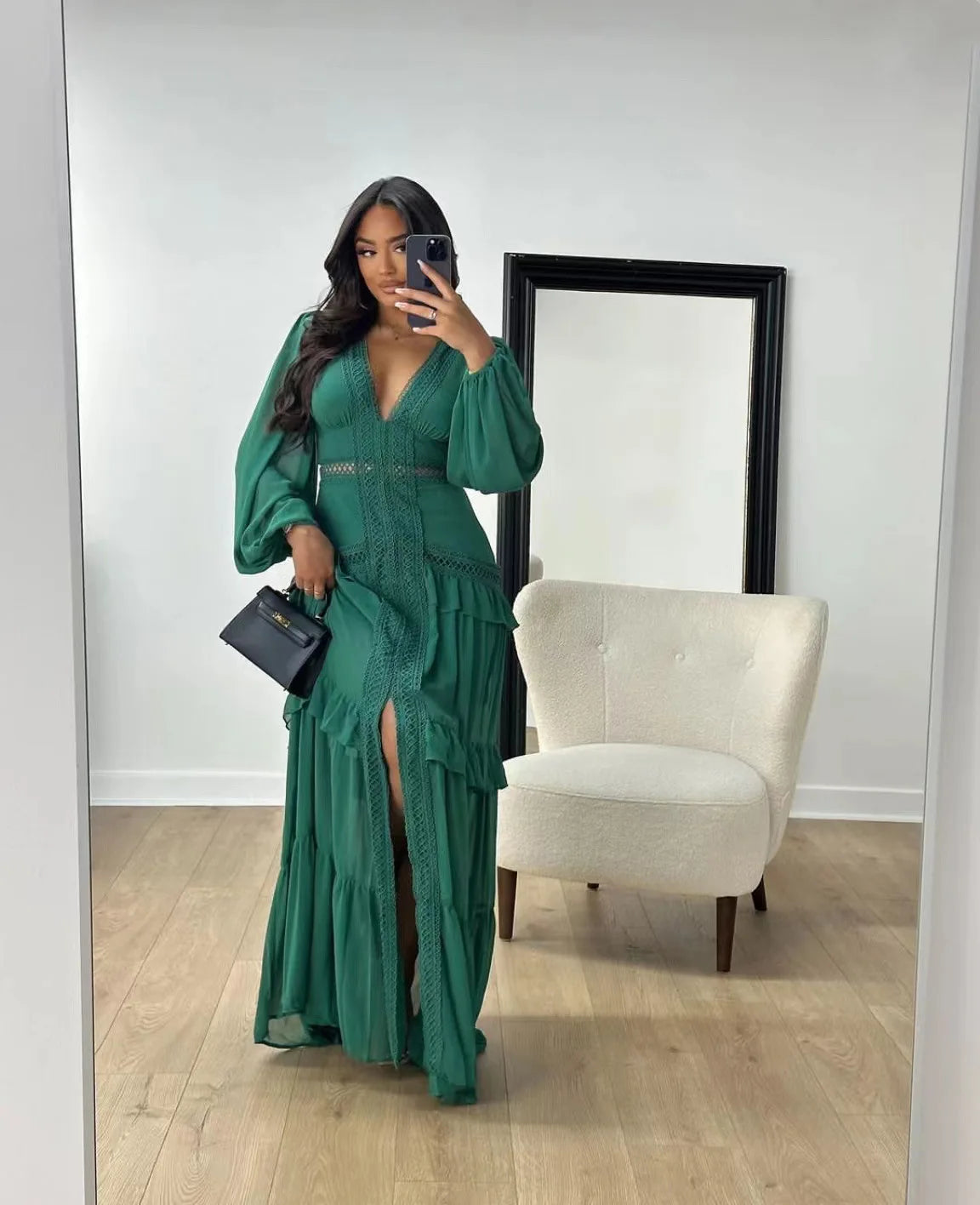 Seralyn Tiered Maxi Dress with Long Sleeves – V-Neck Wedding Guest Dress, Holiday Dress & Occasion Maxi