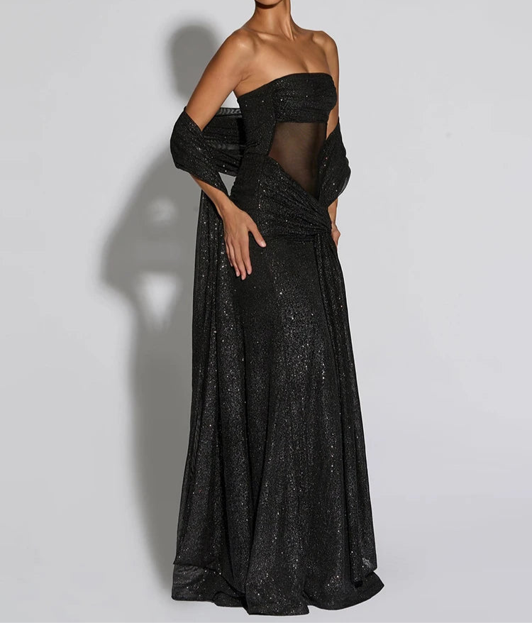 Soreina Strapless Glitter Maxi Dress – Black Tie Bodycon Gown with Drape Detail for Formal Parties & Evening Wear