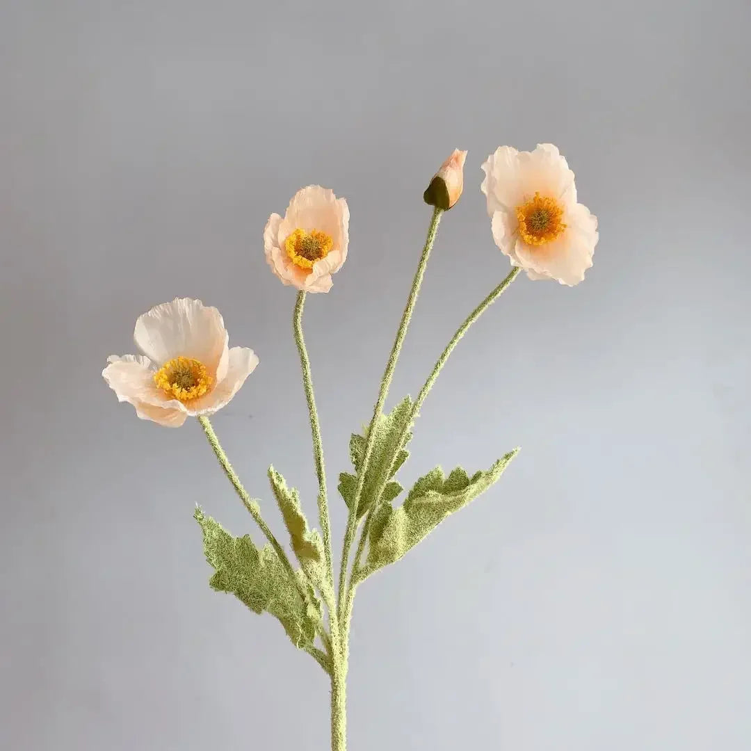 Meadow Poppy Stem Bundle – Silk Poppy Flower Stem with 3 Blooms and 1 Bud for Vase Arrangements and Home Styling