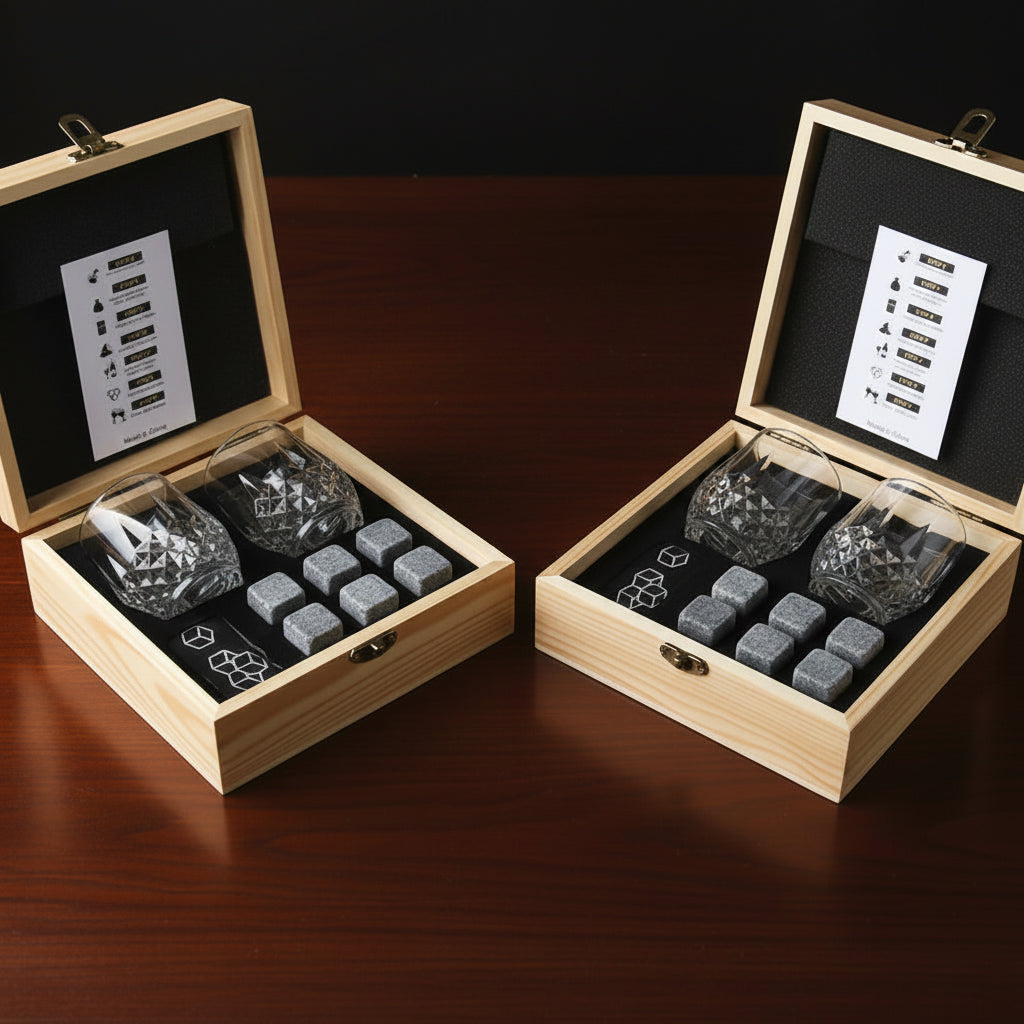 Aurello Whiskey Glass Gift Set – Crystal Glasses with Whiskey Stones & Wooden Box