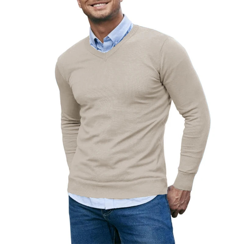 Men’s Slim Fit V-Neck Jumper – Lightweight Long Sleeve Knit Sweater for Autumn & Winter in Navy, Wine Red, Beige, Brown, Black, White, Grey