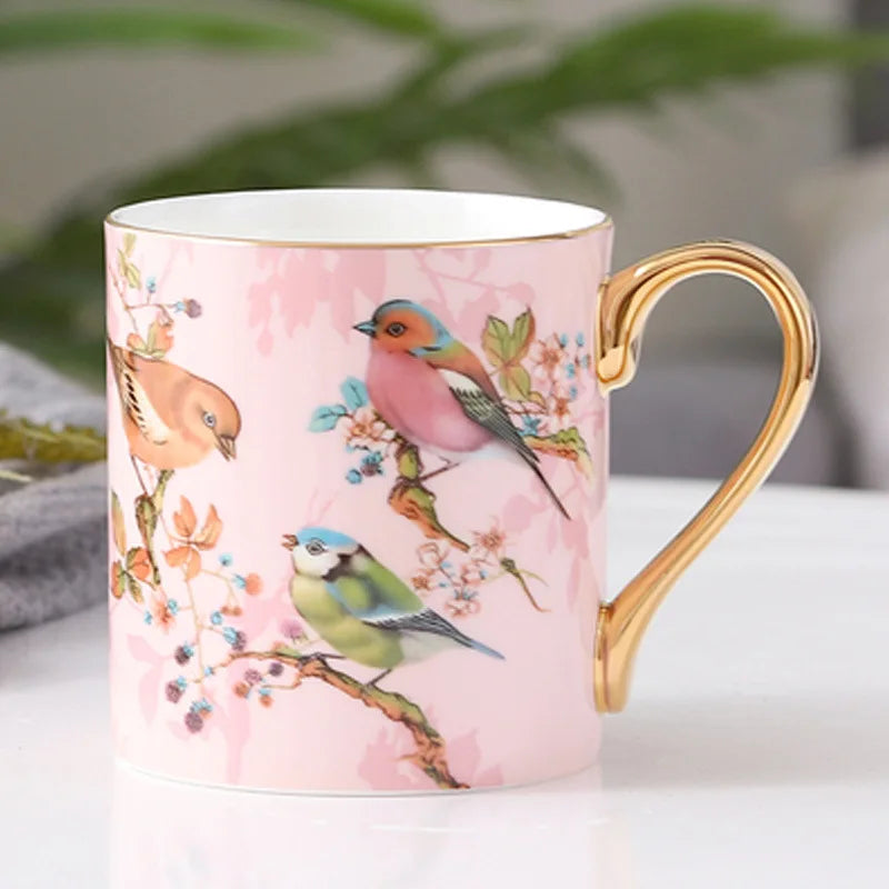Avirel Bird Print Ceramic Mug – Gold Handle Tea & Coffee Cup