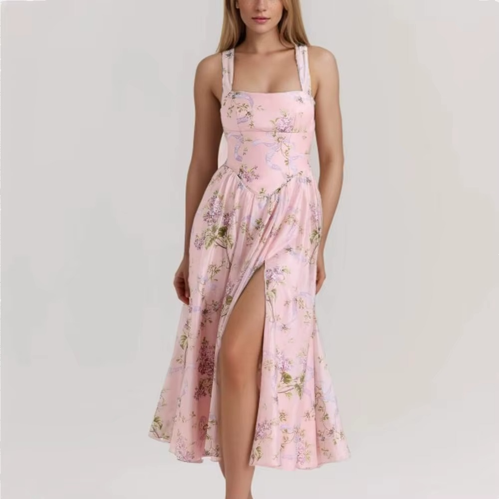 Liliora Halter Corset Midi Dress in Pink Lilac Ribbon Print – Summer Floral Occasion Dress with Side Split and Bow Back