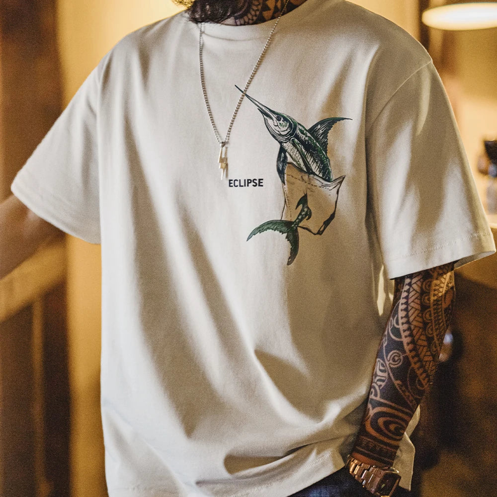 Marlin Men’s Graphic T-Shirt – Oversized Crew Neck Heavyweight 100% Cotton Tee with Fish Print
