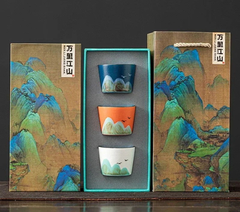 Takumi Mountain Ceramic Tea Cup Gift Set – 3 Piece Small Tea Cups with Gift Box for Espresso, Coffee and Tea Serving Tableware