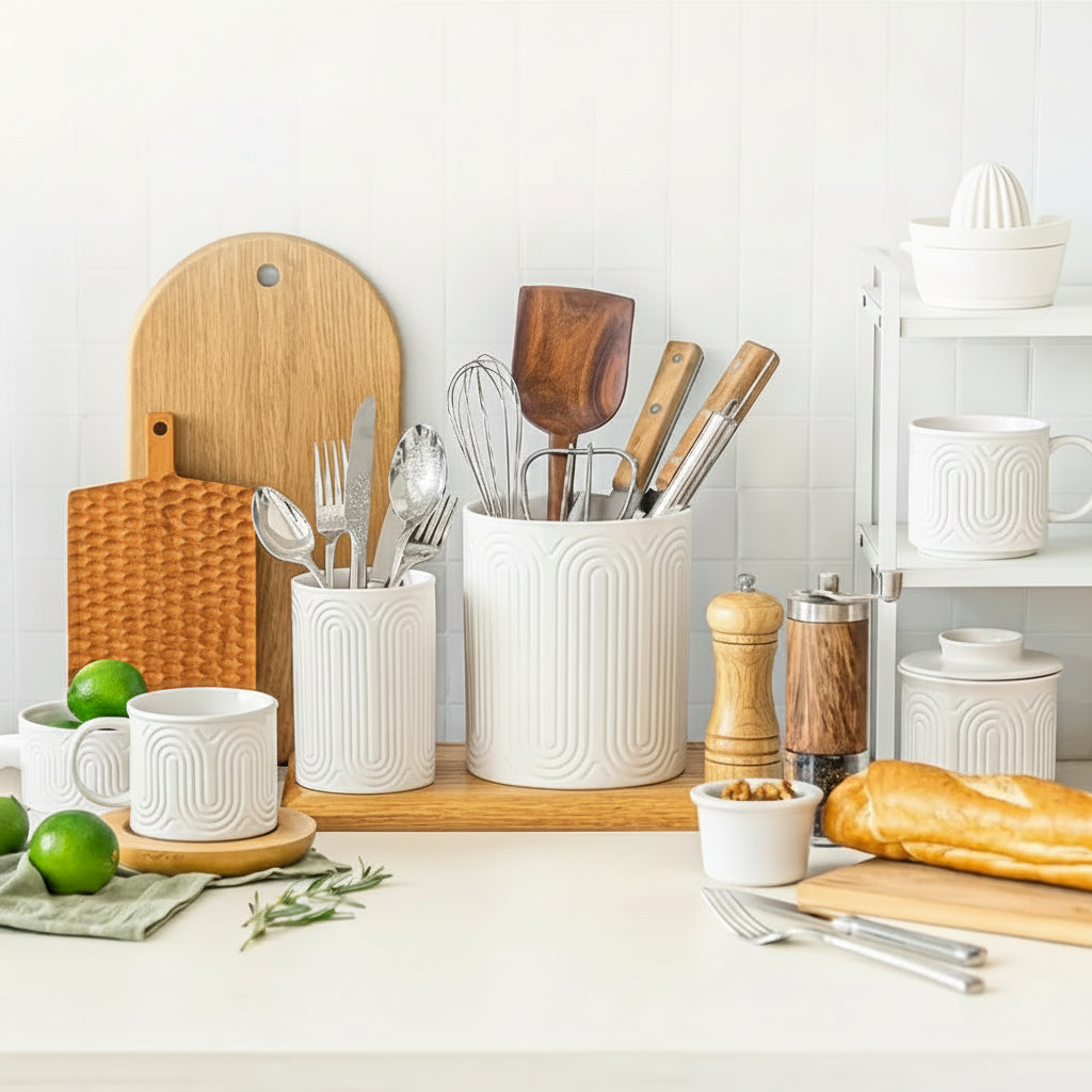 Linea Textured Ceramic Utensil Holder – Kitchen Counter Storage Jar