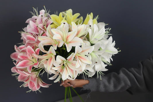 Lilyana Silk Lily Stem – Faux Lily Flower Bouquet with 10 Heads for Tall Vases, Wedding Flowers and Home Décor