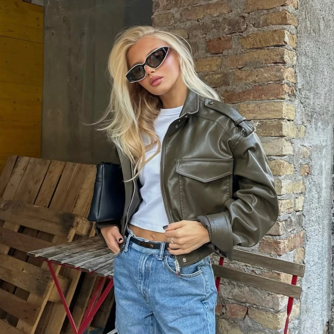 Varelis Cropped Faux Leather Jacket – Women’s Zip Front Outerwear with Utility Front Pockets