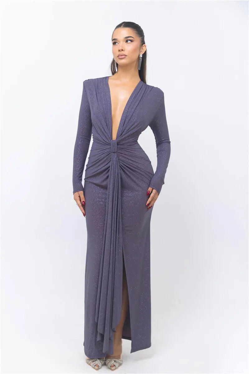 Elira Deep Plunge Glitter Maxi Dress – Long Sleeve Ruched Formal Gown for Special Occasions & Evening Glam