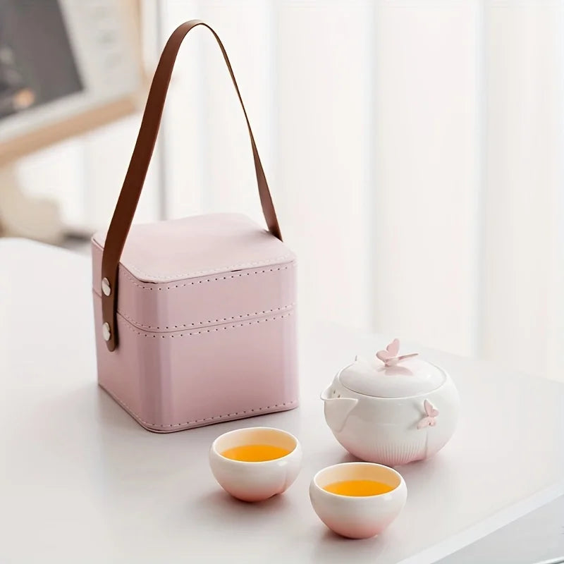 Butterfly Ceramic Travel Tea Set with Carry Case – Portable Teapot & Cups Gift Set for Home, Office and Outdoor Tea Lovers