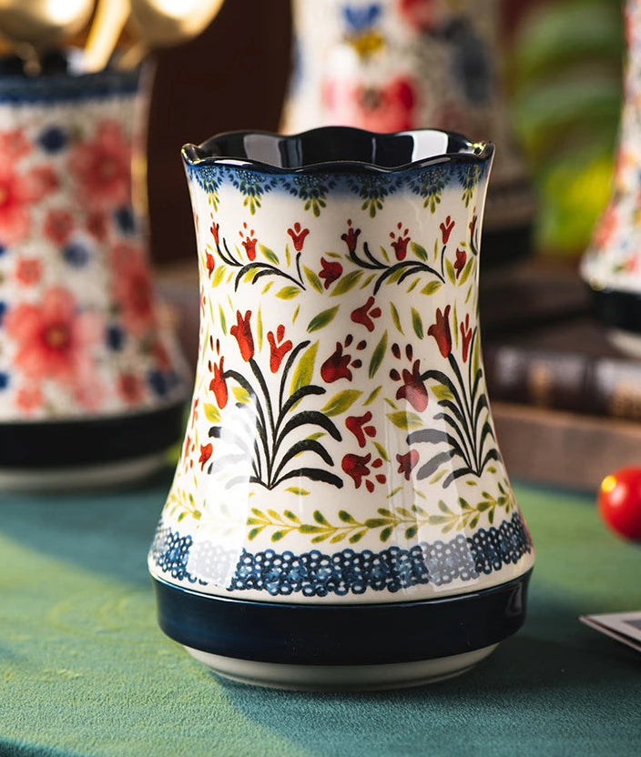 Floria Ceramic Utensil Holder – Floral Kitchen Utensil Caddy with Drain Base, Cutlery Holder, Spoon Fork Storage Organiser