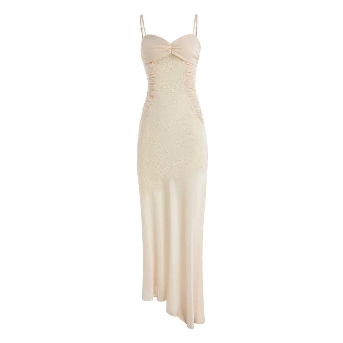 Isavina Lace Corset Maxi Dress – Spaghetti Strap Ruched Bodycon Evening Gown for Partywear & Wedding Guests