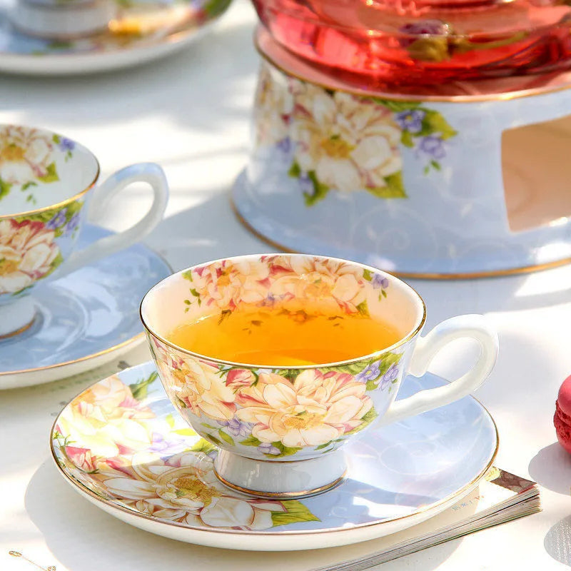 Floral English Tea Set with Glass Teapot & Porcelain Cups – Vintage Afternoon Tea Gift Set