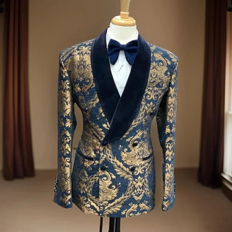 Cavendish Men’s Slim Fit Navy & Gold Brocade Dinner Jacket – Double-Breasted Velvet Shawl Lapel Tuxedo Blazer for Weddings & Black-Tie Events