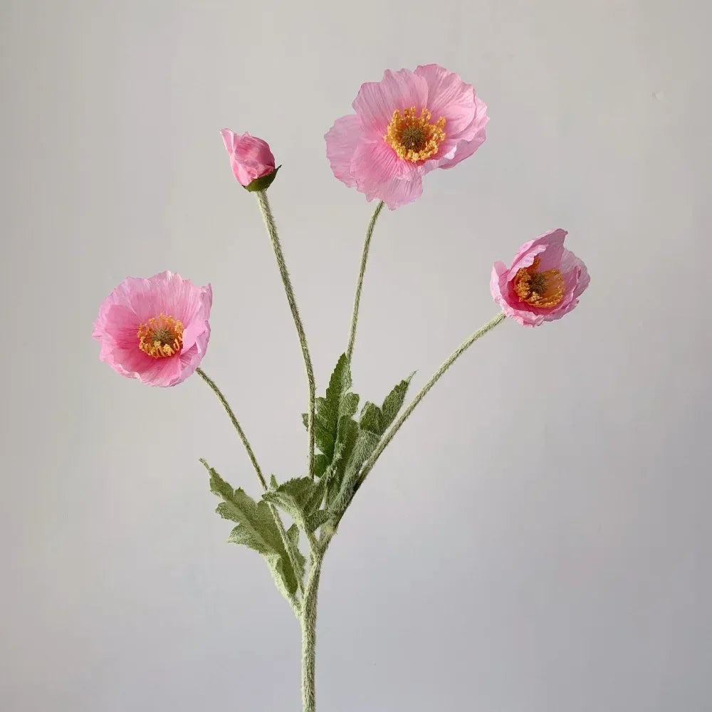Meadow Poppy Stem Bundle – Silk Poppy Flower Stem with 3 Blooms and 1 Bud for Vase Arrangements and Home Styling