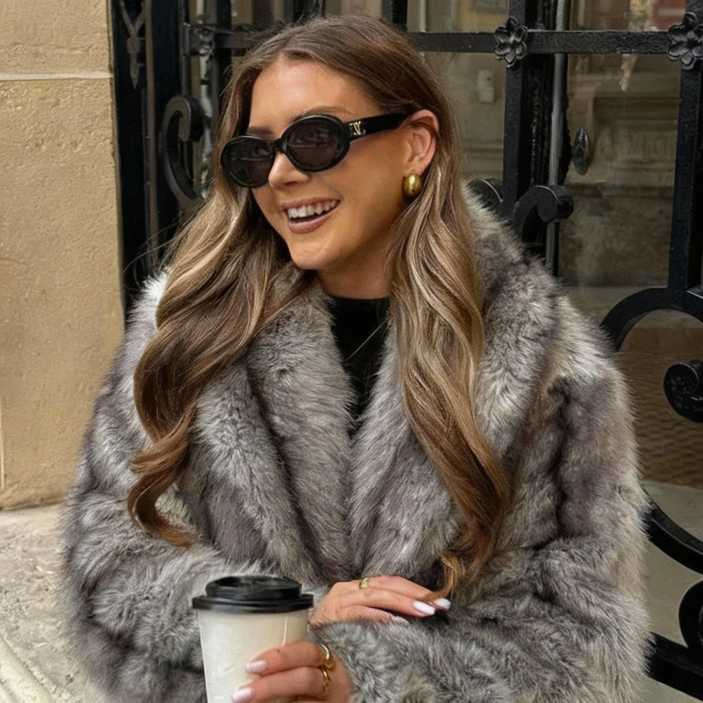 Marenza Long Plush Faux Fur Coat – Women’s Luxury Striped Faux Fox Jacket for Winter Daywear and Evening Partywear