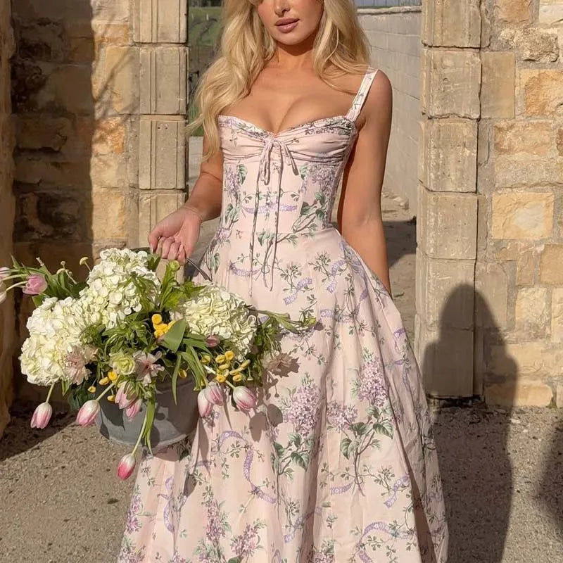 Saphira Floral Corset Maxi Dress – Soft Pink or Lemon Yellow Summer Occasion Dress with Tie Front Bodice