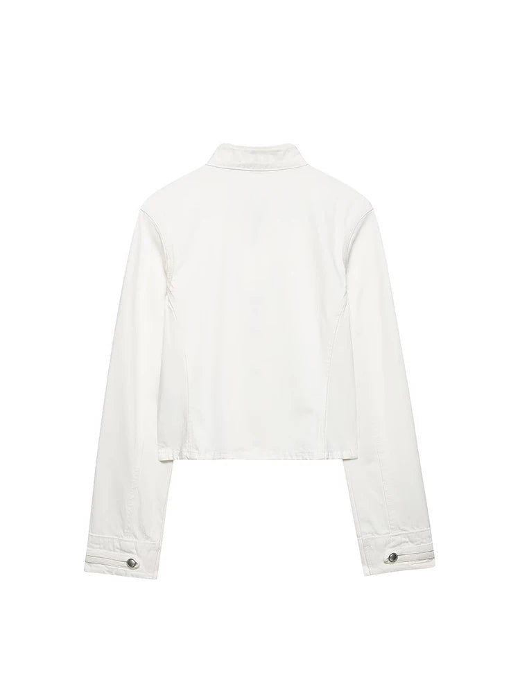 Elarique Military Button Denim Jacket – Cropped Collarless Women's Jacket