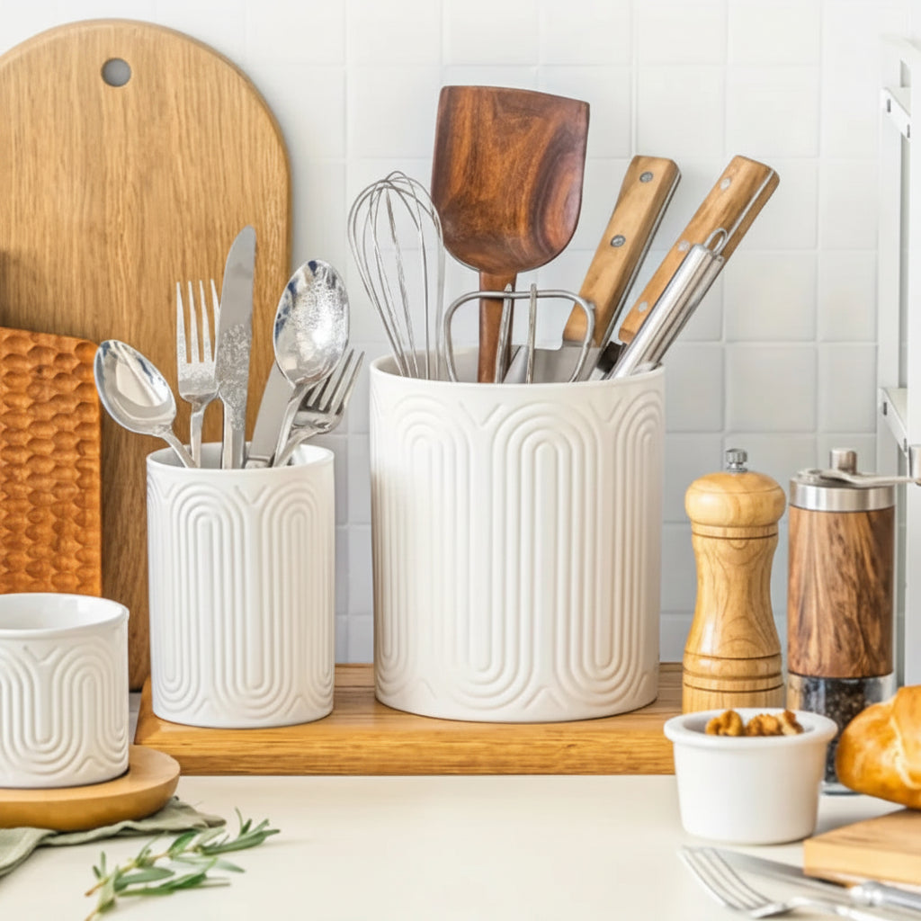 Linea Textured Ceramic Utensil Holder – Kitchen Counter Storage Jar