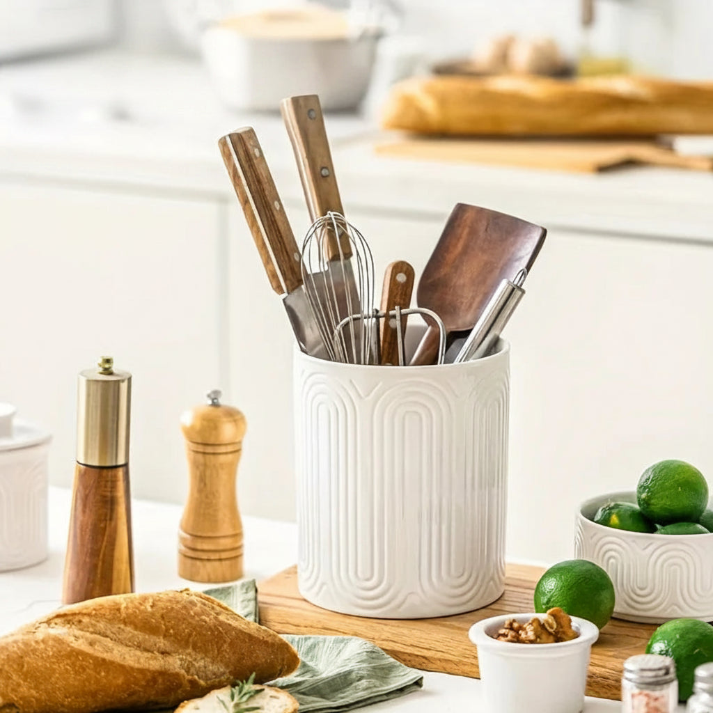 Linea Textured Ceramic Utensil Holder – Kitchen Counter Storage Jar