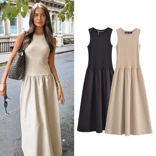 Sanna Sleeveless Cotton Midi Dress – Gathered Waist Casual Summer Dress in Beige & Black