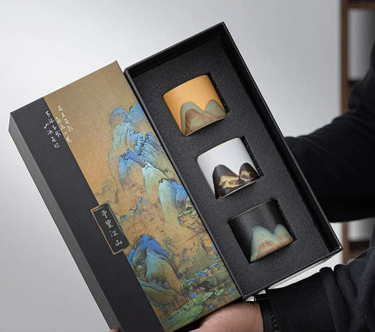 Mountain Landscape Ceramic Tea Cup Gift Set – 3-Piece Handmade Cups with Traditional Art Gift Box