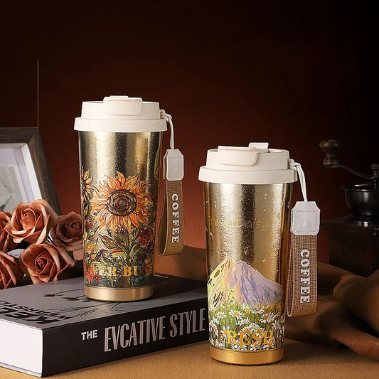 Titanium Travel Coffee Mug with Leak-Proof Lid & Carry Strap – 500ml Insulated Tumbler for Hot & Cold Drinks