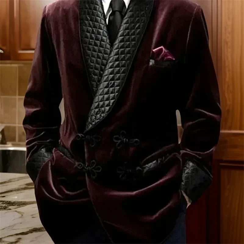 Ashcombe Velvet Smoking Jacket – Men’s Burgundy Quilted Shawl Blazer for Black Tie & Formal Evenings