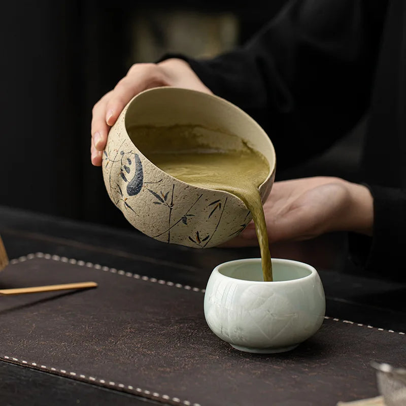 Bamboo Grove Ceramic Tea & Coffee Gift Set – 2, 4, & 8 - Piece Complete Home Tea Kit with Panda & Flower Design Bowl, Whisk and Scoop
