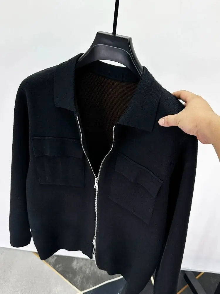Men's Wool Blend Zip-Up Cardigan Jacket – Smart Casual Knit Overshirt with Utility Pockets and Turn-Down Collar