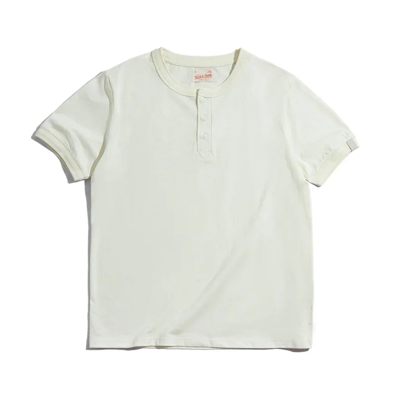 Henley Buttoned Short Sleeve T-Shirt – Premium Structured Fit Essential in Navy, Cream, Grey & Army Green