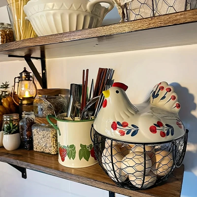 Clovelle Hen Ceramic Egg Holder Basket – Farmhouse Chicken Egg Storage Container with Lid for Kitchen Counter, Fruit and Vegetable Storage