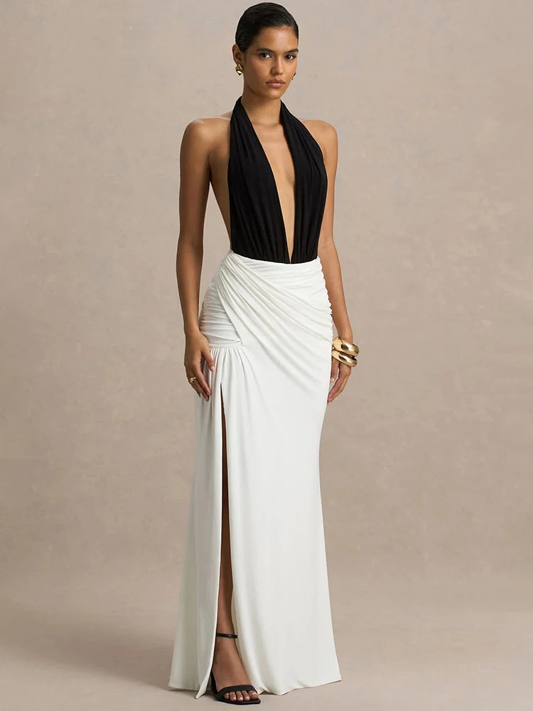 Selviane Halter Neck Black and White Maxi Dress – Deep Plunge Backless Evening Gown for Occasionwear, Partywear & Wedding Guests