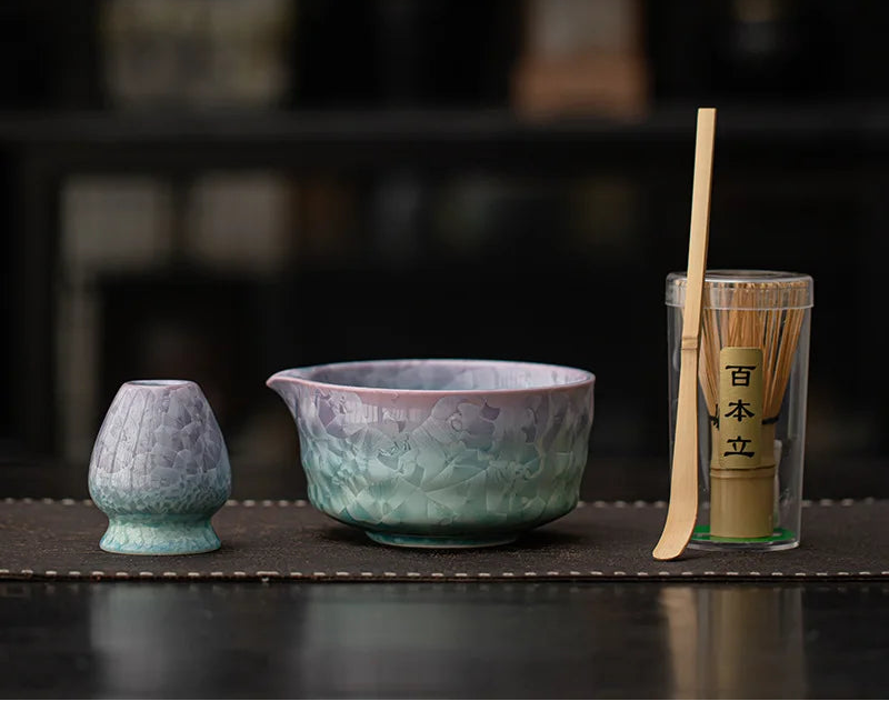 Hyoka Glaze Ceramic Matcha Tea Set – 4 Piece & 8 Piece Matcha Starter Kit, Matcha Bowl with Whisk, Scoop, Strainer and Accessories