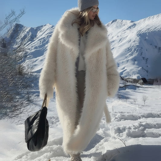 Avalora Longline Plush Faux Fur Coat – Women’s Luxury White Faux Mink Statement Winter Coat for Daywear, Evening & Occasion Looks