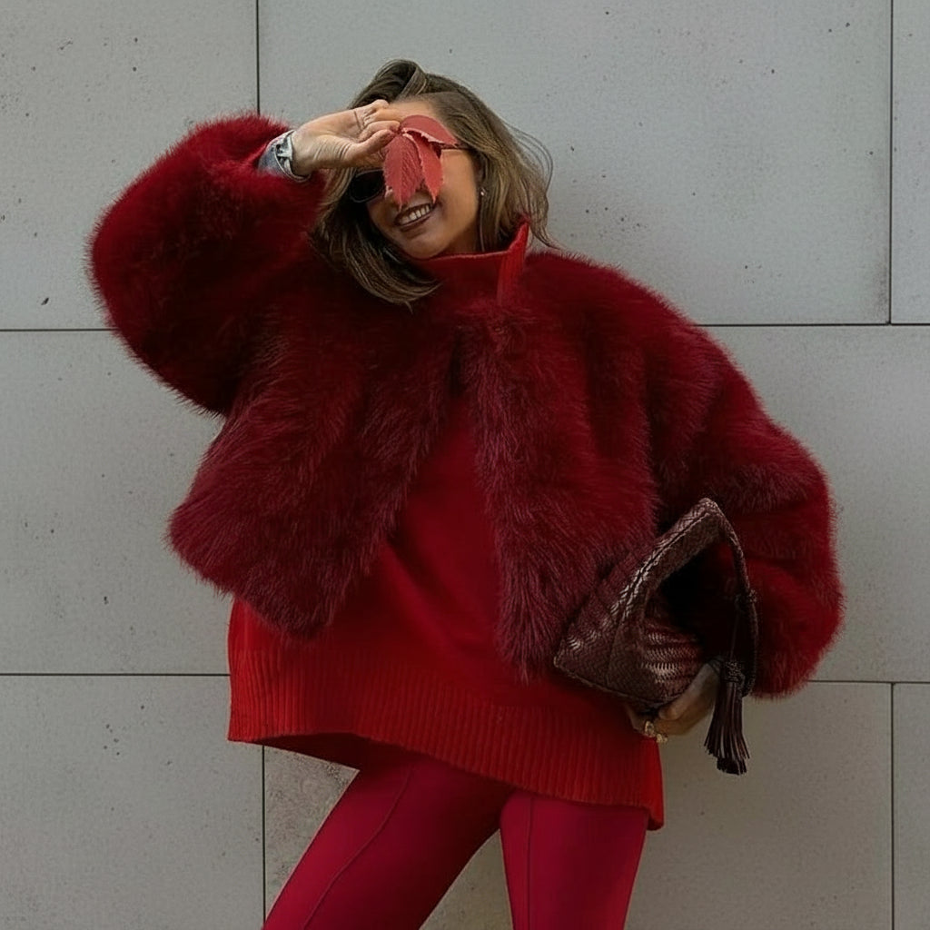 Noelinne Cropped Faux Fur Jacket – Women’s Red Fluffy Faux Fur Coat for Winter Outfits, Festive Evenings & Party Season Style