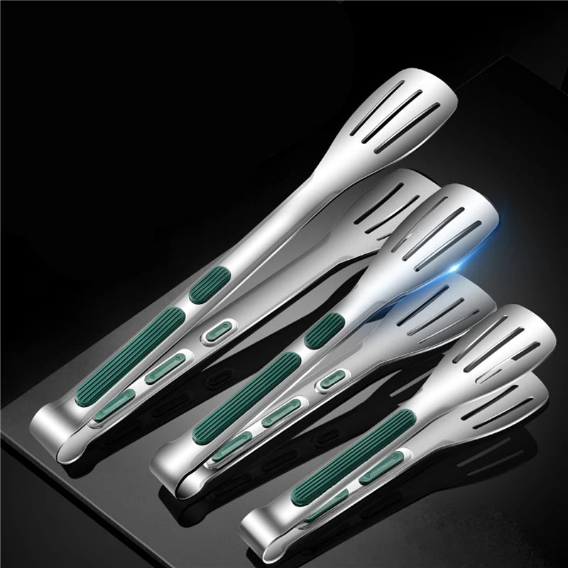 Stainless Steel BBQ Tongs With Green Wide Grip Handle – Non-Slip Kitchen & Grill Food Turner Clip