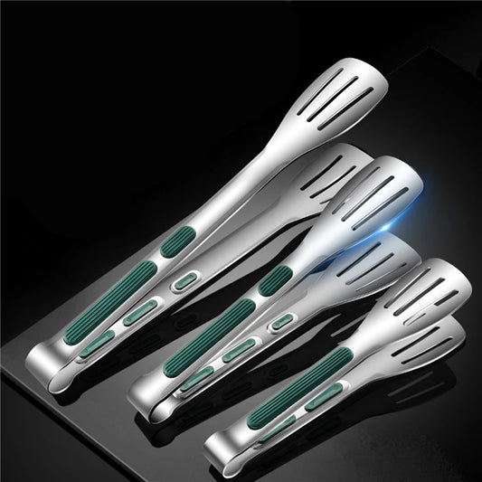 Stainless Steel BBQ Tongs With Green Wide Grip Handle – Non-Slip Kitchen & Grill Food Turner Clip