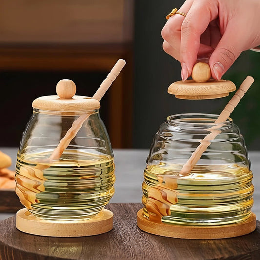 Ravello Glass Honey Jar with Wooden Lid and Dipper – 300ml /400ml/500ml Honey Pot Dispenser with Drizzle Stick for Kitchen Storage and Serving