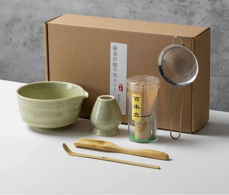 Matcha Tea Set with Ceramic Bowl & Bamboo Accessories – 4/5/6 Piece Traditional Japanese Matcha Kit in Sage Green