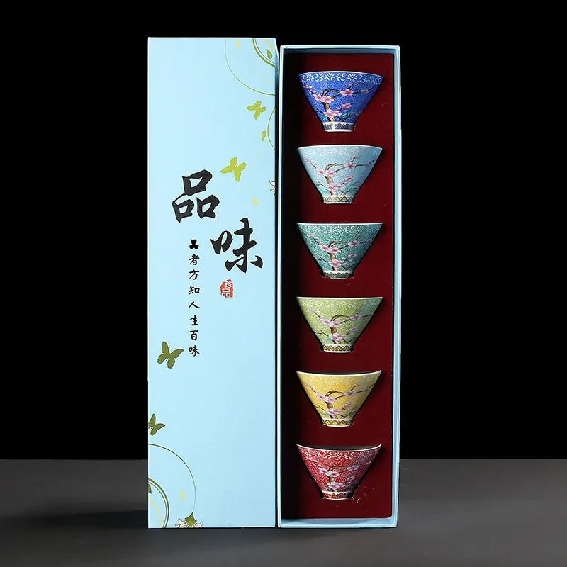 Hanamori Floral Ceramic Tea Bowl Gift Set – 6 Piece Small Tea Cups with Flower Design Gift Box Tea Set